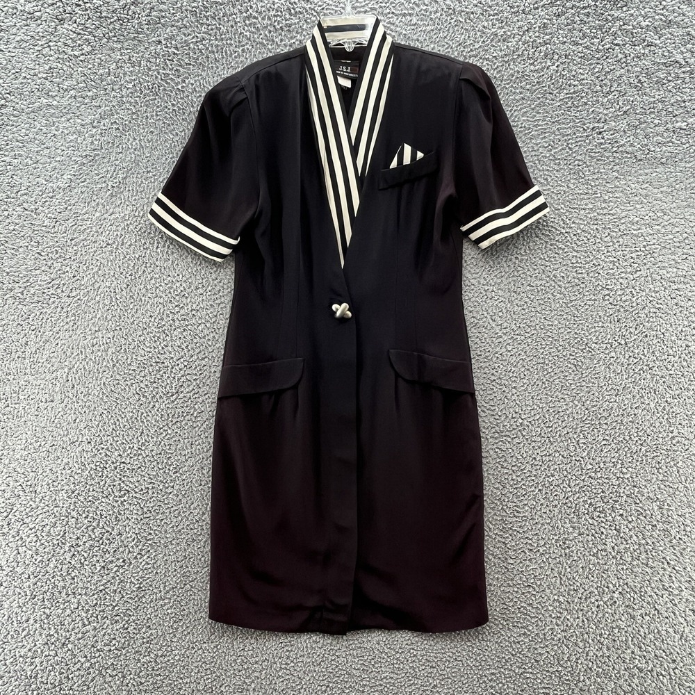 VTG 80s John Roberts Dress 12 Black White‎ Stripe Shirt Dress Above Knee Sheath